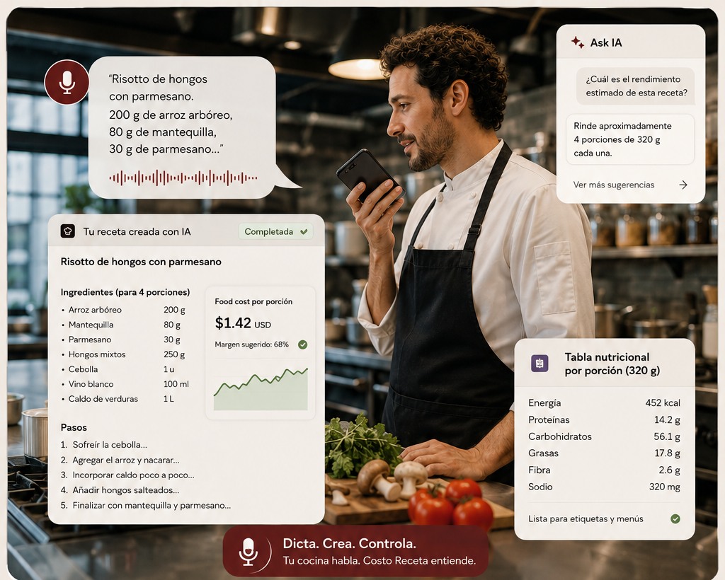 Chef profesional dictando una receta a Costo Receta: IA culinaria, Ask IA, food cost y tabla nutricional automática